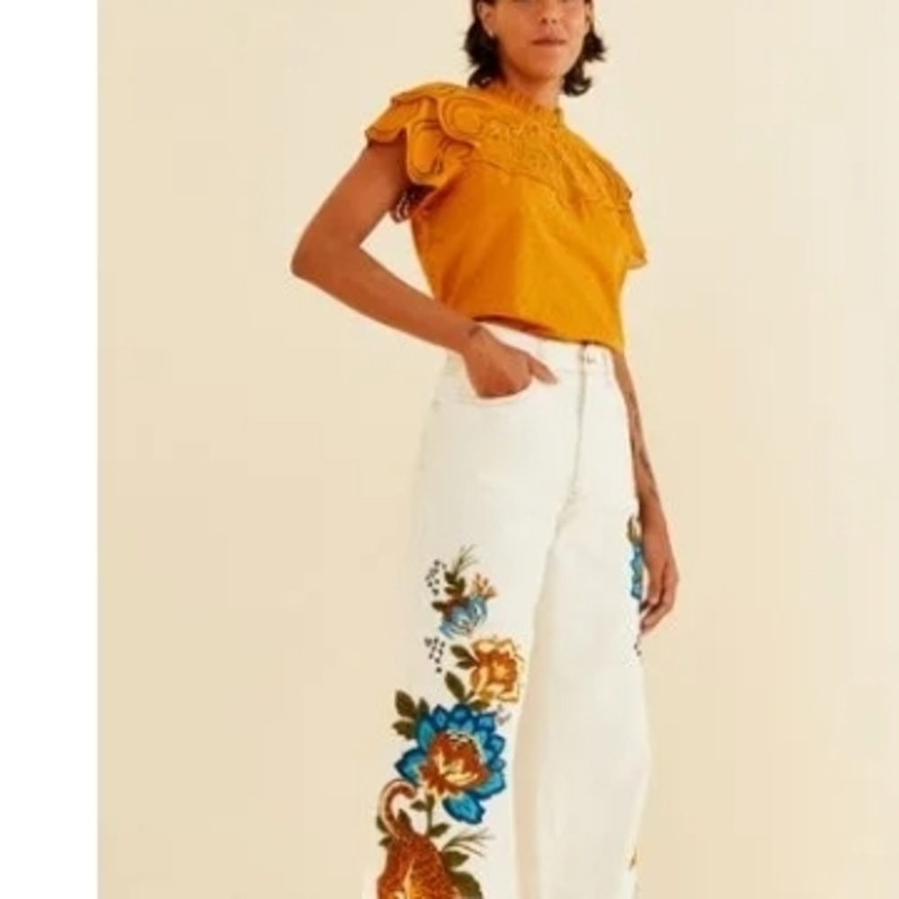 FARM Rio White Pants with Blue and Yellow Floral Design